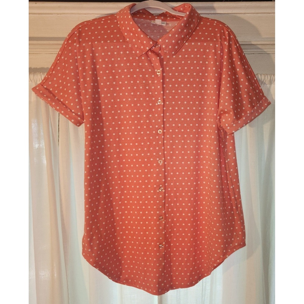LuLaRoe Salmon Pink White Polka Dot Short Sleeve Button Up Top Blouse Medium